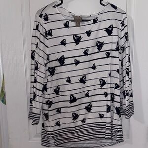 Chico’s Women's Navy and White Bird Print Long Sleeve Top Size 3 US 1X
